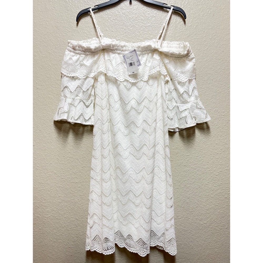 ViVi by Violet Weekend White Lace Off Shoulder Dress Chevron Leaf Pattern NWT L